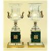 Image 1 : PAIR OF EMPIRE STYLE GILT BRONZE MOUNTED AND MALACHITE VENEERED GLASS URNS, Each cut with lobes...