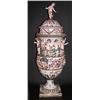 Image 1 : LARGE CAPO DI MONTE PORCELAIN URN AND COVER, Italian. Molded with male and female masks below a...
