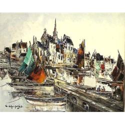 CHRISTO CHARPIDES (Greek. 1909-1992), "Harbor Scene". Signed C. Charpides l/l., Oil on Canvas...