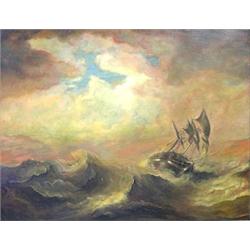 EUROPEAN SCHOOL (19th Century), "Sailing Vessel in a Storm". Unsigned., Oil on Canvas. Measur...