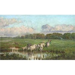 LICINO BARZANTI (Italian. 1857-1944), "Landscape with Cows Crossing a Stream". Signed L. Barzan...