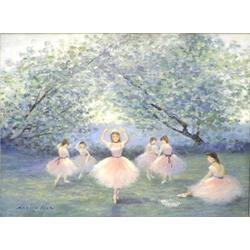 MARION RICE (American. 20th Century), "Figures Beside Lily Pond". Signed Marion Rice l/r., Oi...
