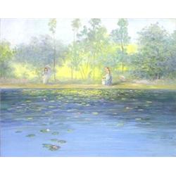 MARION RICE (American. 20th Century), "Figures Beside Lily Pond. Signed Marion Rice l/r., Oil...