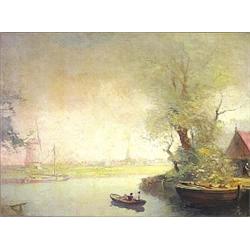 DUTCH SCHOOL (20th Century), "Row Boat on a River". Indistinctly signed l/r., Oil on Canvas....