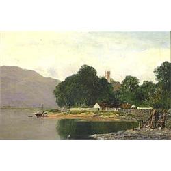 R. MUNRO (European. 19th Century), "Houses by the Lake". Signed R. Munro and dated 1872 l/r.<br...