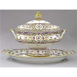 LIMOGES PORCELAIN TUREEN, COVER AND STAND, French. Circa 1940. Each decorated with flowers, fol...