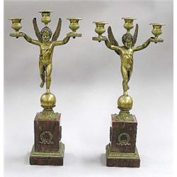 GOOD PAIR OF EMPIRE GILT BRONZE AND MARBLE THREE LIGHT FIGURAL CANDELABRA, French. Late 18th Ce...