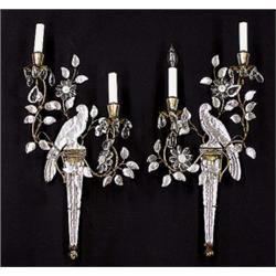 PAIR OF VENETIAN ROCK CRYSTAL AND GILT METAL TWO LIGHT WALL SCONCES, Italian. Each backplate in...