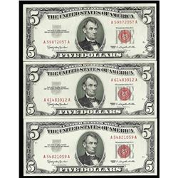Lot of (3) 1963 $5 Red Seal Legal Tender Notes