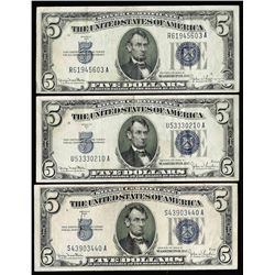Lot of (3) 1934D $5 Silver Certificate Notes