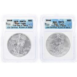Set of 2005-2006 $1 American Silver Eagle First Day of Issue Coins ICG MS70