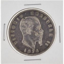 1874 Italy 5 Lira Silver Coin
