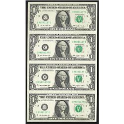 Uncut sheet of (4) 2009 $1 Federal Reserve Notes