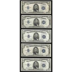 Lot of (5) 1934D $5 Silver Certificate Notes