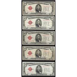 Lot of (5) 1928C $5 Legal Tender Notes