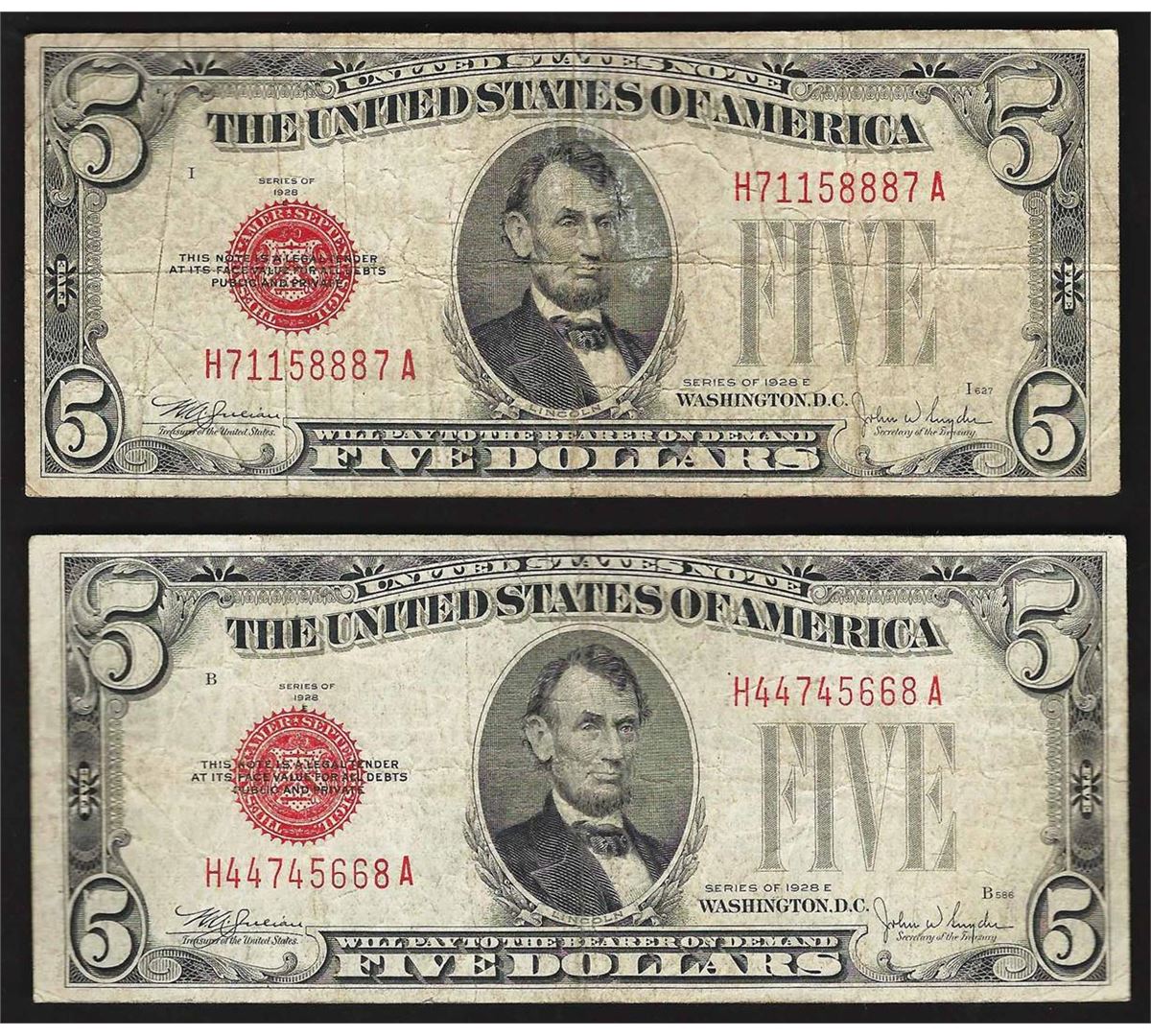 Lot of (2) 1928E $5 Legal Tender Notes
