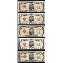 Lot of (5) 1928E $5 Legal Tender Notes