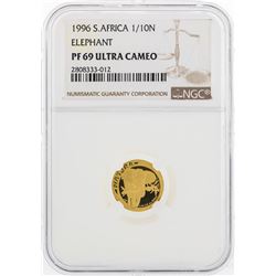1996 South Africa 1/10 Natura Elephant 1/10 oz Gold Coin NGC PF69 Ultra Cameo