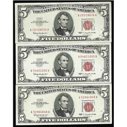Lot of (3) 1963 $5 Red Seal Legal Tender Notes