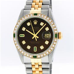 Rolex Mens Two Tone 14KT Yellow Gold Emerald and Diamond Datejust Wristwatch