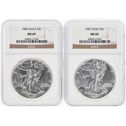 Set of 1986-1987 $1 American Silver Eagle Coins NGC MS69