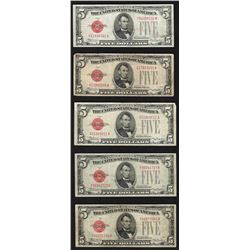 Lot of (5) 1928C $5 Legal Tender Notes