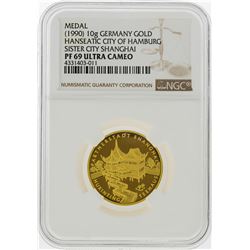 1990 10g Germany Gold Hamburg Sister City Shanghai Medal NGC Graded PF69 Ultra C