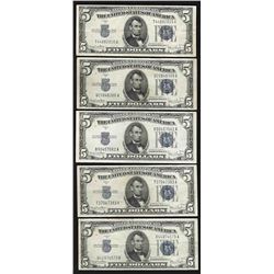 Lot of (5) 1934D $5 Silver Certificate Notes