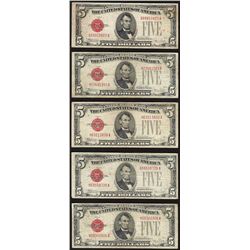 Lot of (5) 1928E $5 Legal Tender Notes