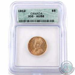 CANADA 1912 $5 Gold ICG Certified AU-58.  Please review scan for opinion of Grade.