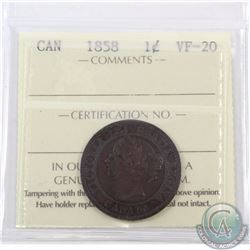 1-cent 1858 ICCS Certified VF-20