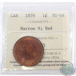 1-cent 1859 Narrow 9 ICCS Certified MS-64