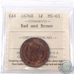 1-cent 1876H ICCS Certified MS-63. Red and Brown