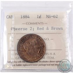 1-cent 1884 Obverse 2 ICCS Certified MS-62. Red/Brown