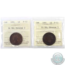 1-cent 1891 SD SL; Obverse 2 & SD LL; Obv.3, ICCS Certified F-12. 2pcs