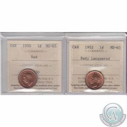 1-cent 1950 & 1952 Lacquered ICCS Certified MS-65. 2pcs