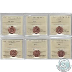 1-cent 1955 SF, 1956, 1957, 1959, 1960 & 1962 ICCS Certified MS-65. 6pcs