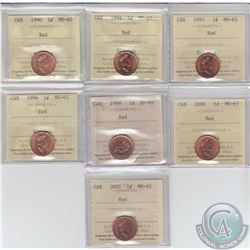 1-cent 1990, 1994, 1995, 1996, 1999, 2000 & 2001 ICCS Certified MS-65. 7pcs