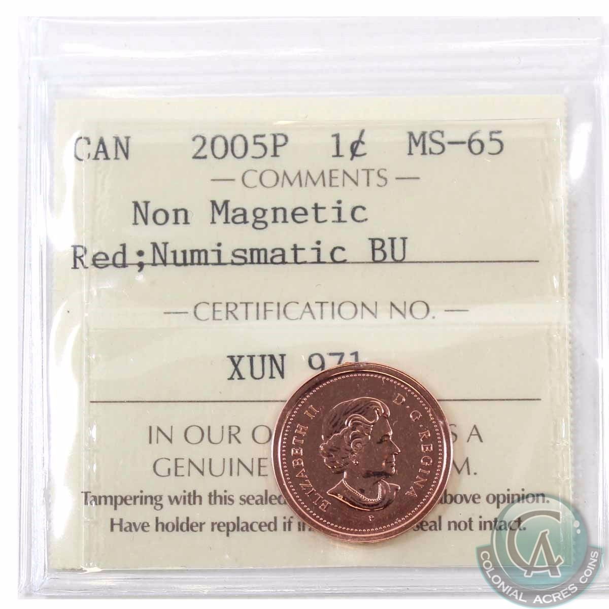 1-cent 2005P Non Magnetic ICCS Certified MS-65 RED NBU! A rare off ...