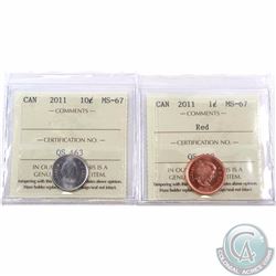 1-cent & 10-cent 2011 ICCS Certified MS-67. Both coins are tied for the finest known. 2pcs