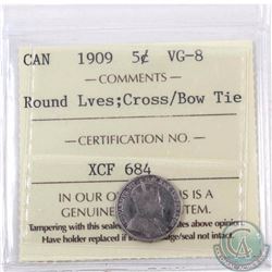 5-cent 1909 Round Leaves, Cross/Bow Tie ICCS Certified VG-8. A rare variety with approximately 60 co