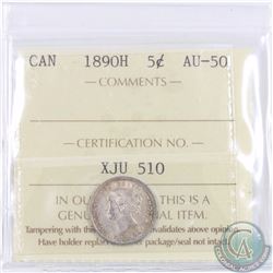 5-cent 1890H ICCS Certified AU-50. A bright  coin with lots of mint luster accented with light tonin