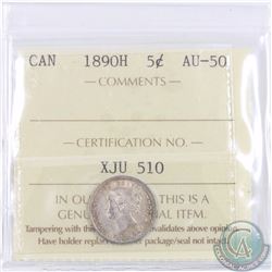 5-cent 1890H ICCS Certified AU-50. A bright  coin with lots of mint luster accented with light tonin