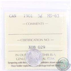 5-cent 1901 ICCS Certified MS-63. A near full White coin with sharp details.