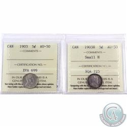 5-cent 1903H Small H & 1903 ICCS Certified AU-50. 2pcs