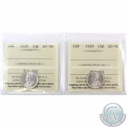 10-cent 1928 & 1929 ICCS Certified AU-58. 2pcs