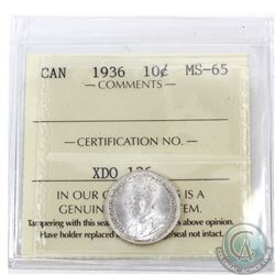 10-cent 1936 ICCS Certified MS-65. A beautiful Frosted Blast White coin with exceptional Eye appeal.