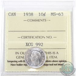 10-cent 1938 ICCS Certified MS-63