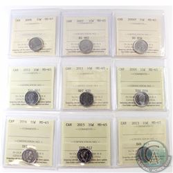 10-cent 2006P, 2007, 2008, 2009, 2011, 2012, 2013, 2015 & 2016 ICCS Certified MS-65. 9pcs