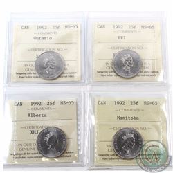 25-cent 1992 Alberta, Manitoba, Ontario & PEI ICCS Certified MS-65. 4pcs.